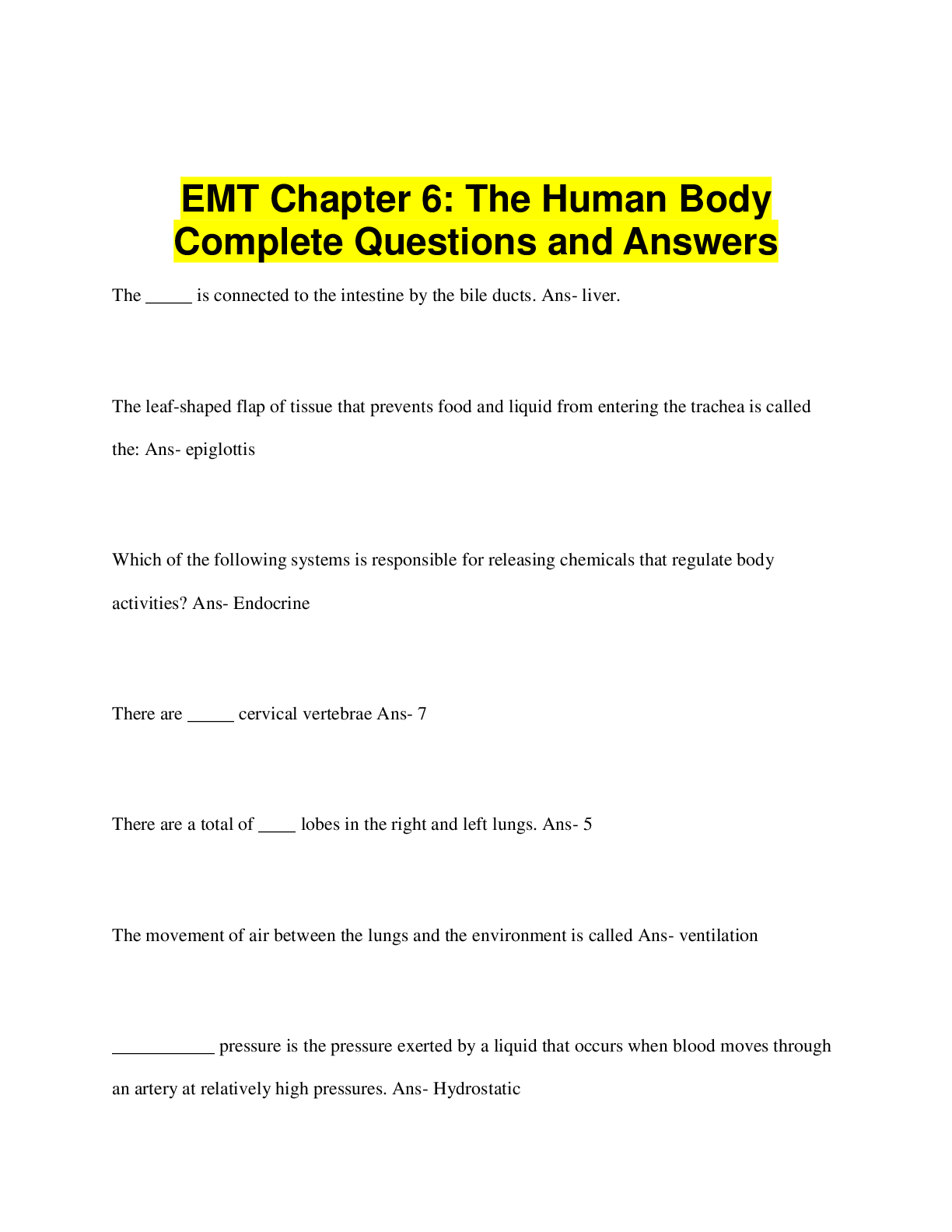 Preview image for EMT Chapter 6: The Human Body Complete Questions and Answers